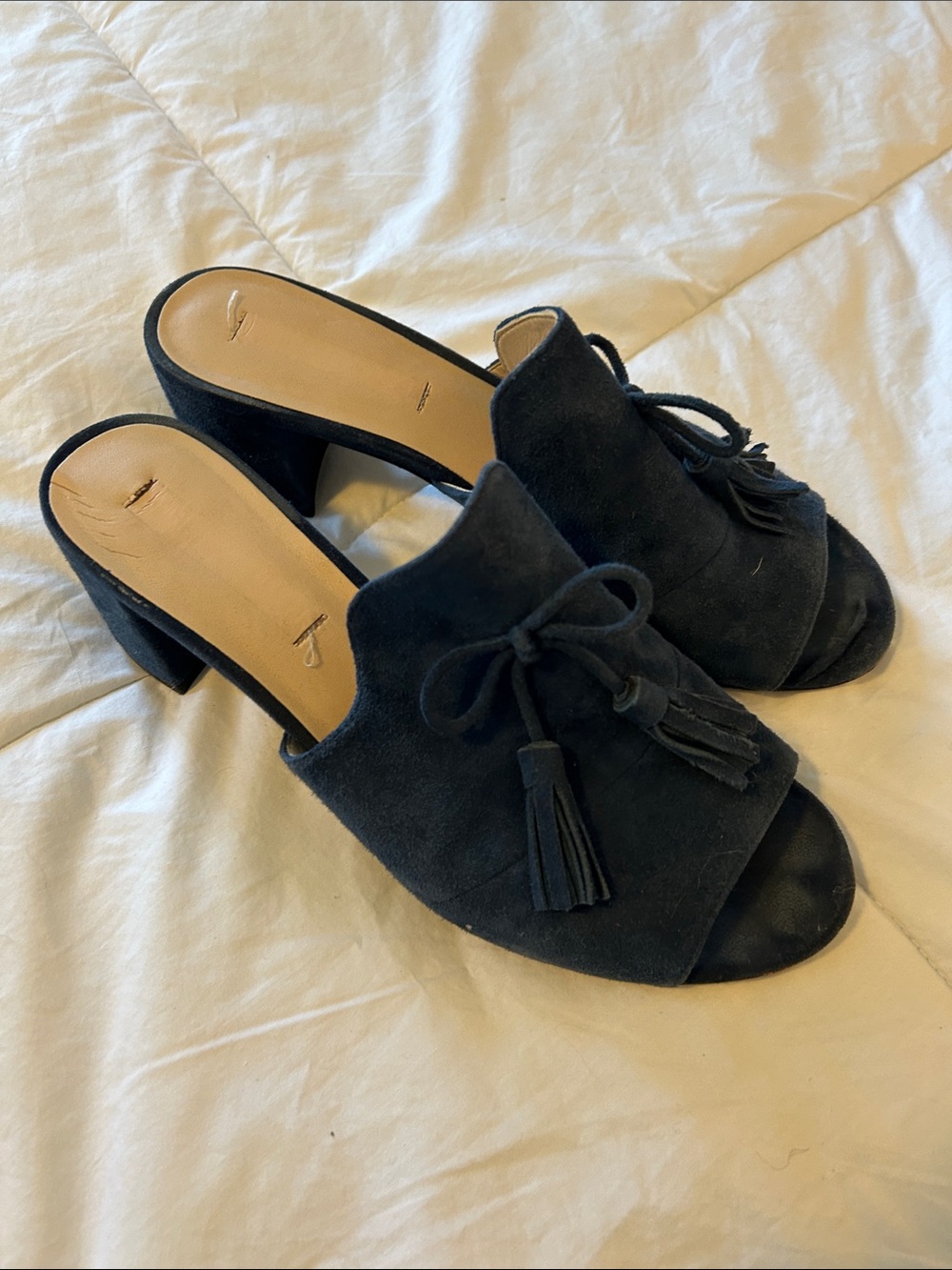 Karl Lagerfeld Blue Suede Tassel Bow Open-Toe Block Heel Mules